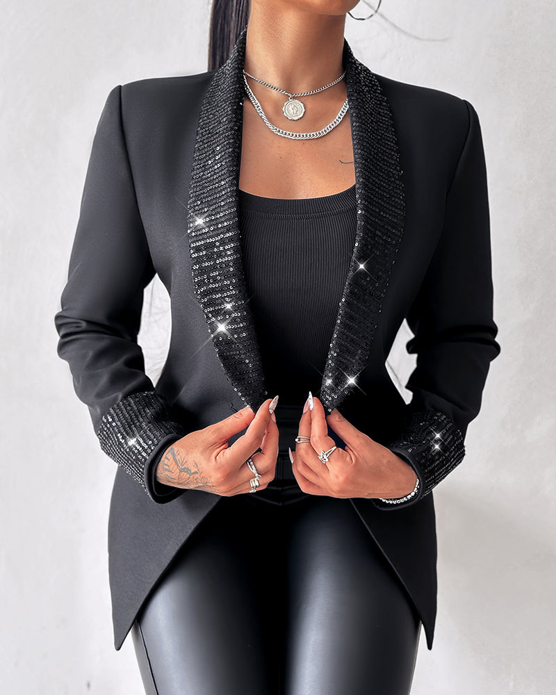 Women's Sequin Shawl Collar Long Sleeve Single Breasted Blazer