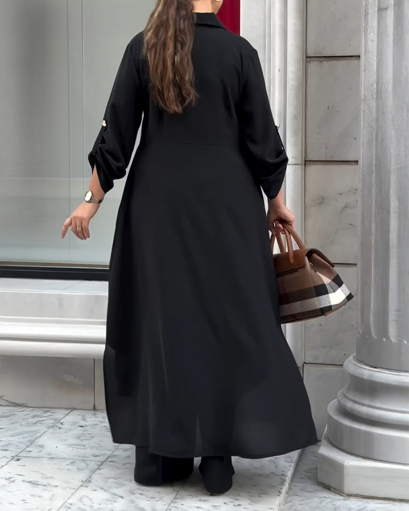 2 Pieces Outfit Turn-down Collar Turn-Up Sleeves Button Front Asymmetrical Hem Longline Blouse and Casual Elastic Waist Wide Leg Pants Set