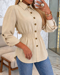 Women's Turn-Down Collar Button Down Shirred Waist Roll Up Sleeve Blouse
