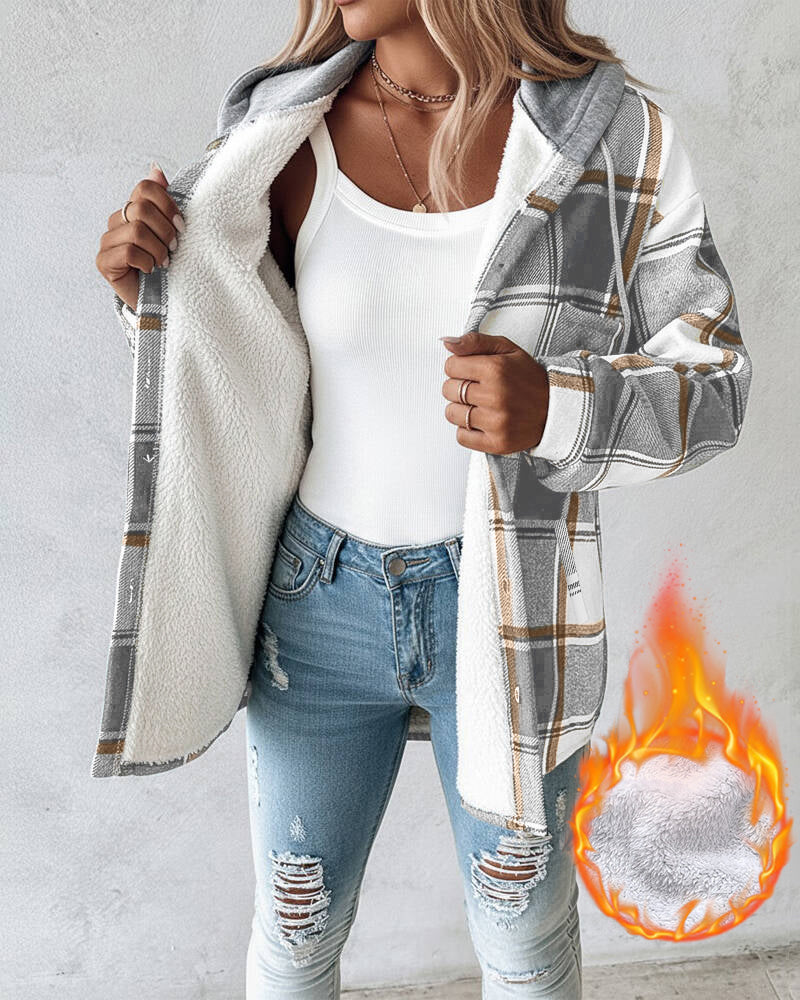 Karierte Langarm-Hemdjacke mit Knopfleiste, fleecegefütterte Kapuzenjacke, warmer Mantel