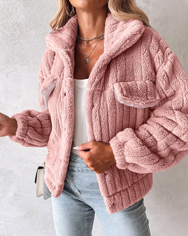 Textured Striped Turn-down Collar Button Front Elastic Cuff and Hem Teddy Fleece Jacket With Decorative Flap Pockets