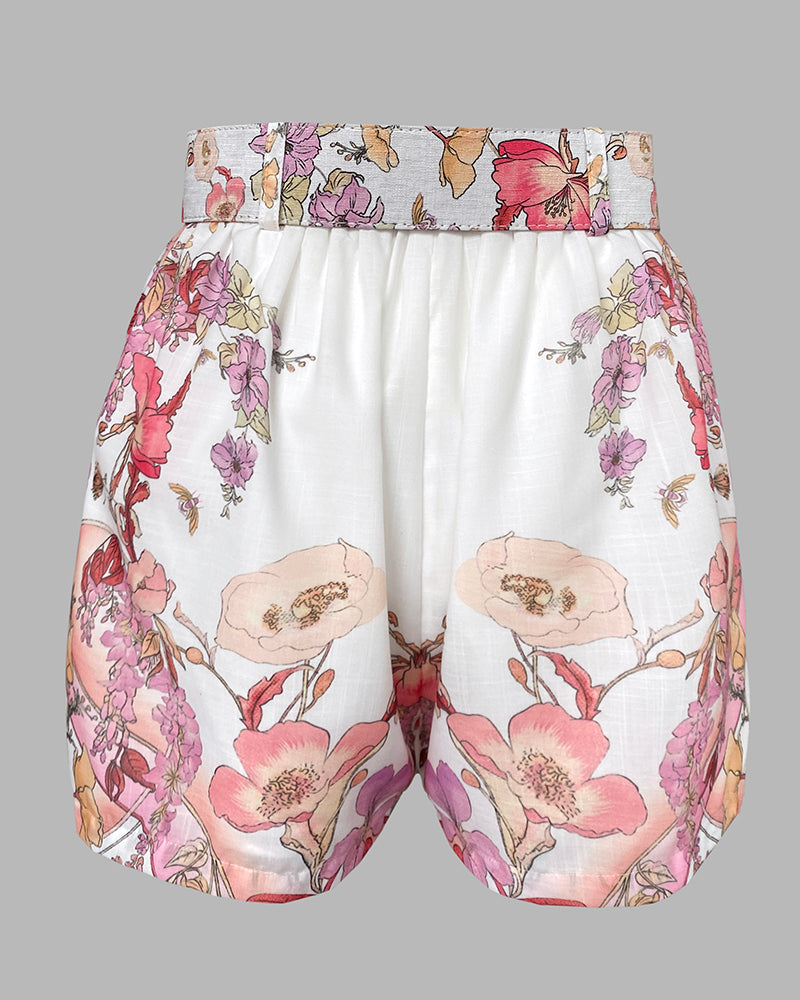 2 Pieces Outfit Floral Placement Print Stand Collar Button Button Front Lantern Sleeve Top and Casual Elastic Back Waist Shorts Set with Belt