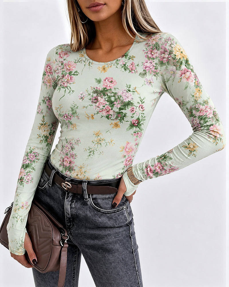 Women's Floral Print Long Sleeve Top Slim Fit Tee with Thumb Holes
