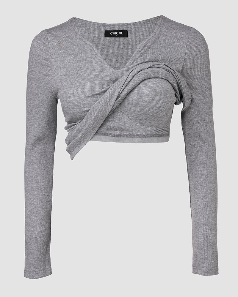 Chicme Built In Bra Notch Neck Long Sleeve Shirts Rib Knit Ruched Waist Top