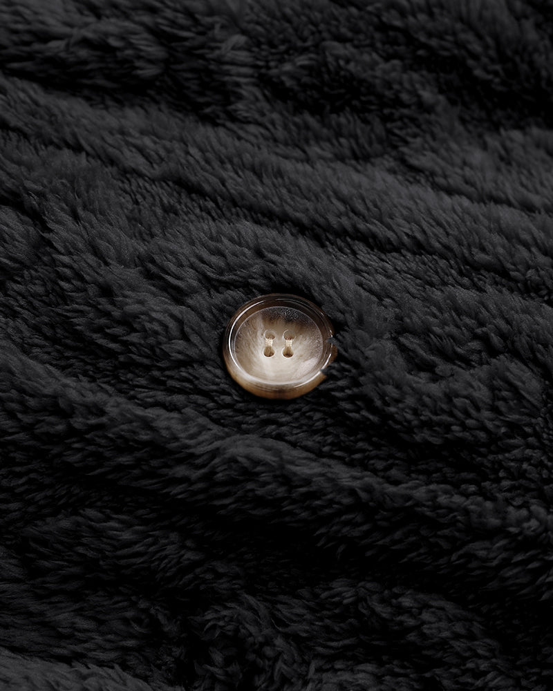 Cable Textured Lapel Neck Button Front Pocket Design Thermal Teddy Coat