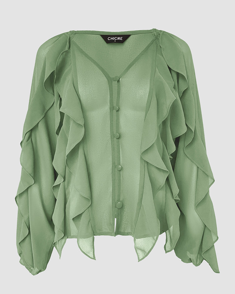 V Neck Shoulder Ruffles Design Blouse Casual Button Front Long Sleeve Top