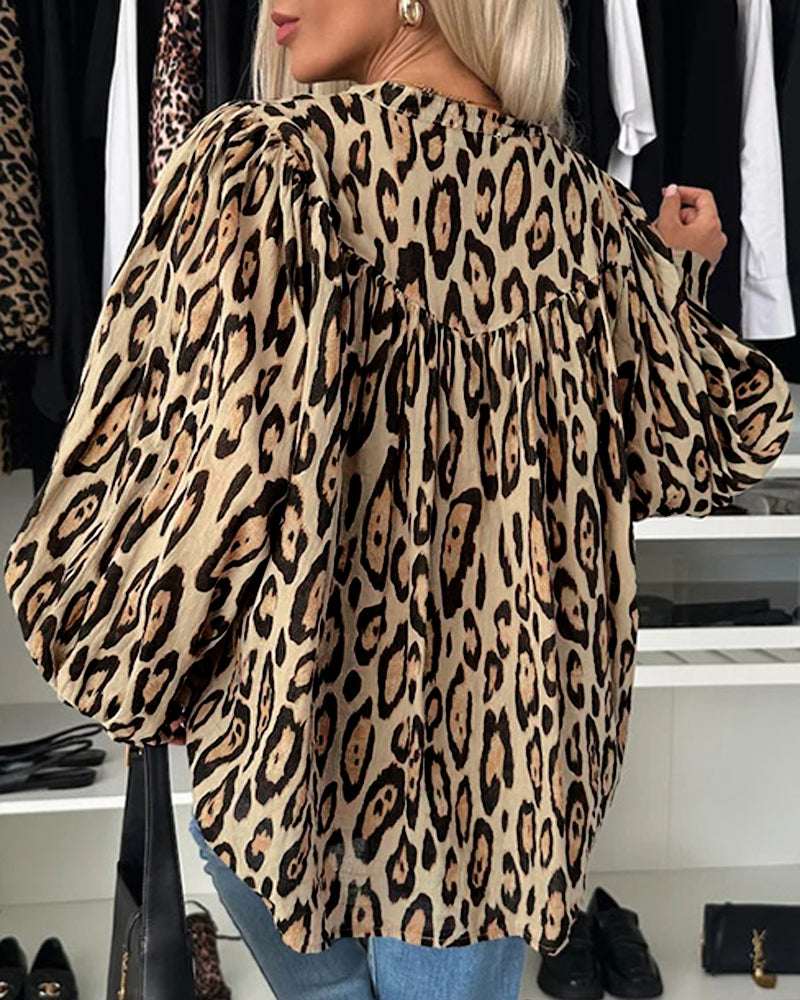 Leopard Print Round Neck Long Sleeve Front Button Blouse Casual Top