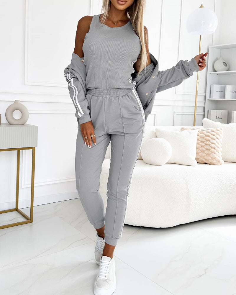 3 Pieces Outfit Snap Buttons Front Coat and Elastic Waist Seam Front Stretchy Cuffs Pants Set with Tank Top Casual Contrast Side Striped Tracksuit