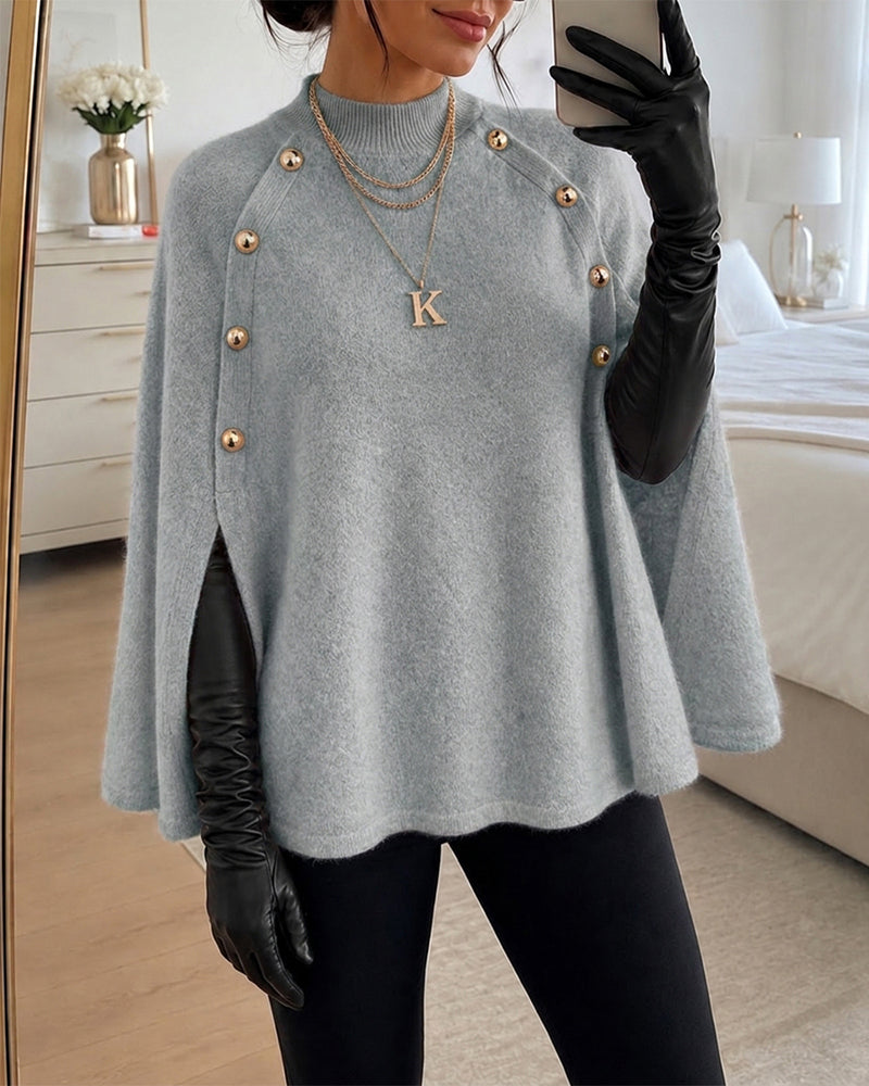 Women's Mock Neck Cape Knit Sweater Loose Old Money Style Pullover Side Slit Batwing Sleeve Winter Warm Cozy Top