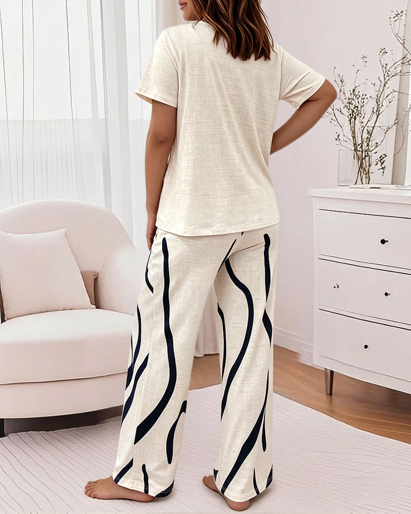 Damen 2-teiliger Schlafanzug mit Herz- & Buchstaben-Oberteil und Hose mit abstraktem Druck und hoher Taille, lässige Loungewear mit Taschen