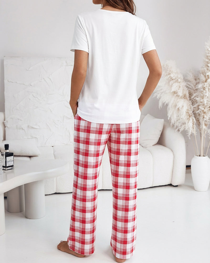 2 Pieces Outfit Cherry & Bowknot Print Short Sleeve Top and Plaid Print Elastic Waist Pants Set Casual Pajamas Set