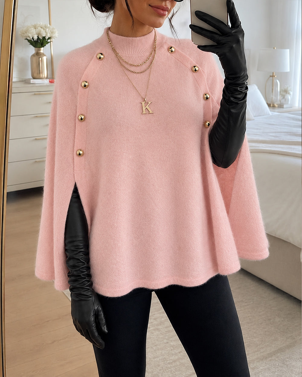 Women's Mock Neck Cape Knit Sweater Loose Old Money Style Pullover Side Slit Batwing Sleeve Winter Warm Cozy Top