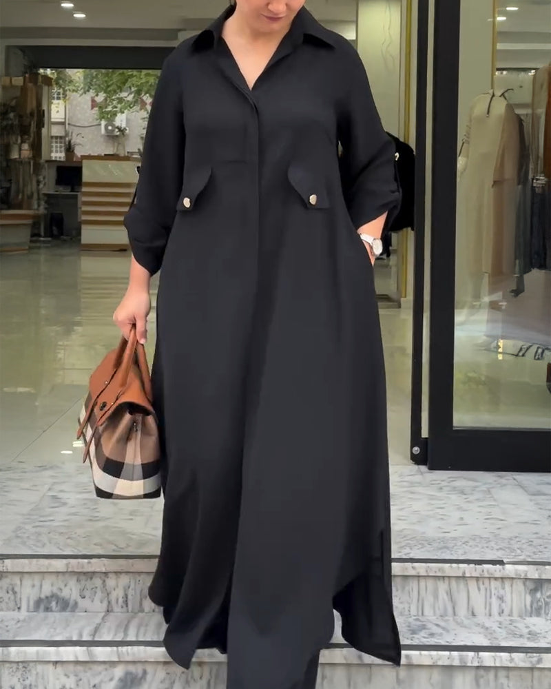 2 Pieces Outfit Turn-down Collar Turn-Up Sleeves Button Front Asymmetrical Hem Longline Blouse and Casual Elastic Waist Wide Leg Pants Set