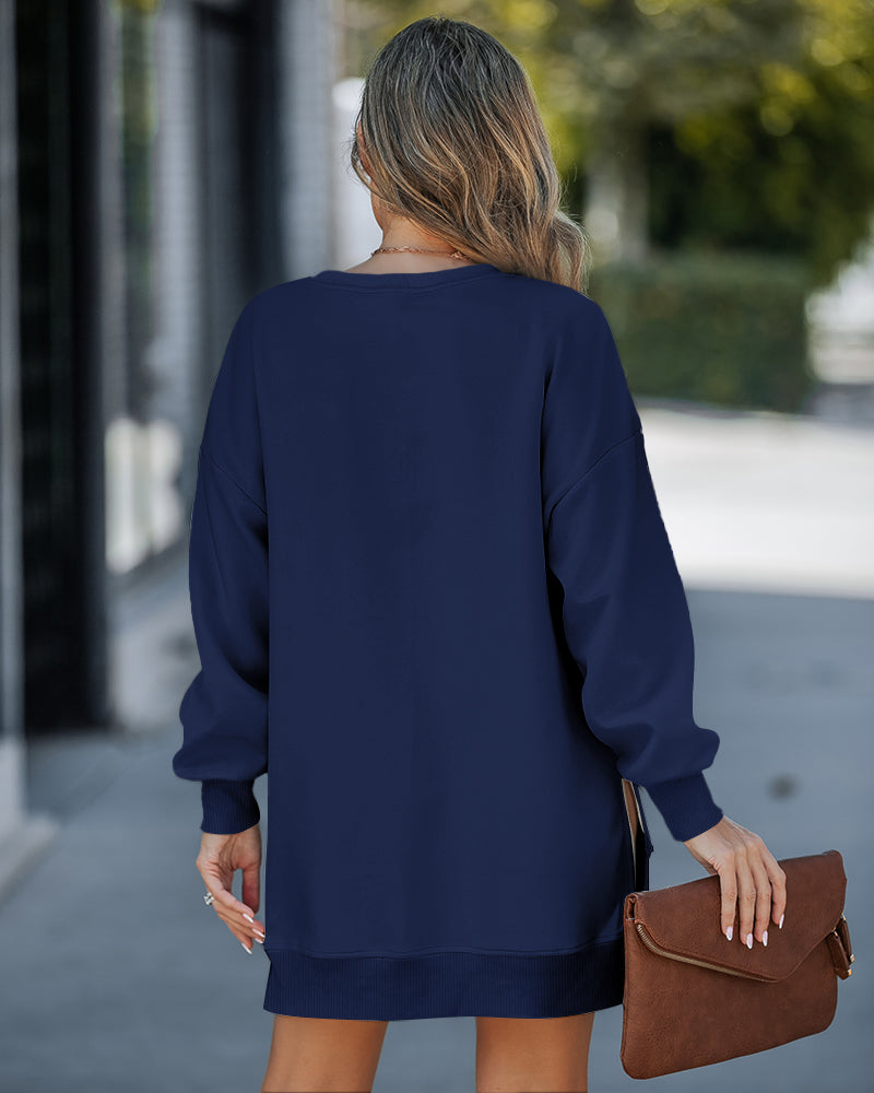 Letter Patch Detail Long Sleeve Drop Shoulder Pullover Sweatshirt Casual Zipper Side Slit Top