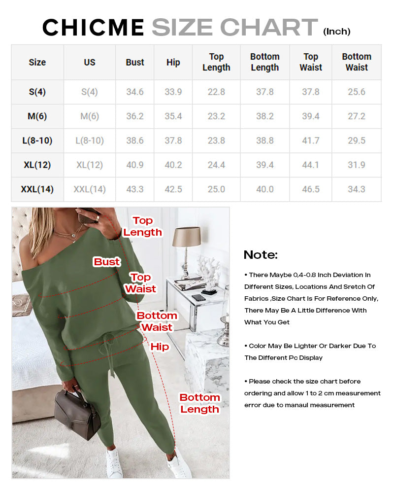 2 Pieces Outfit Long Sleeve Skew Neck Pullover Top and Drawstring Elastic Waist Slim Fit Pants Set