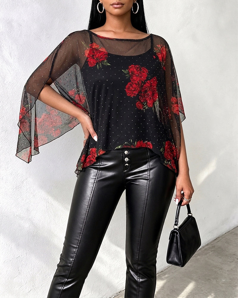 Women's 2 Piece Set Floral Print Rhinestone Sheer Mesh Loose Cape with Cami Top