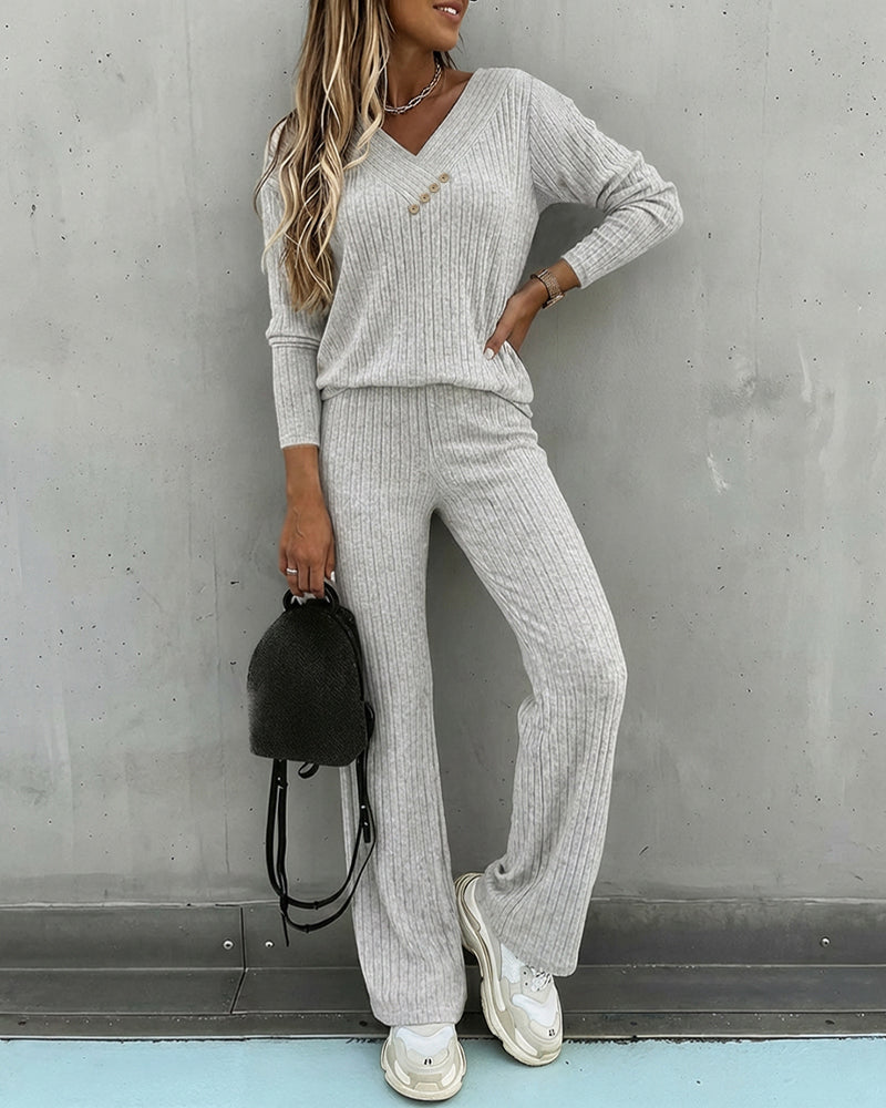 2 Pieces Outfit Button Decor V-Neck Long Sleeve Top and Elastic Waist Straight Leg Pants Set Casual Ribbed Set
