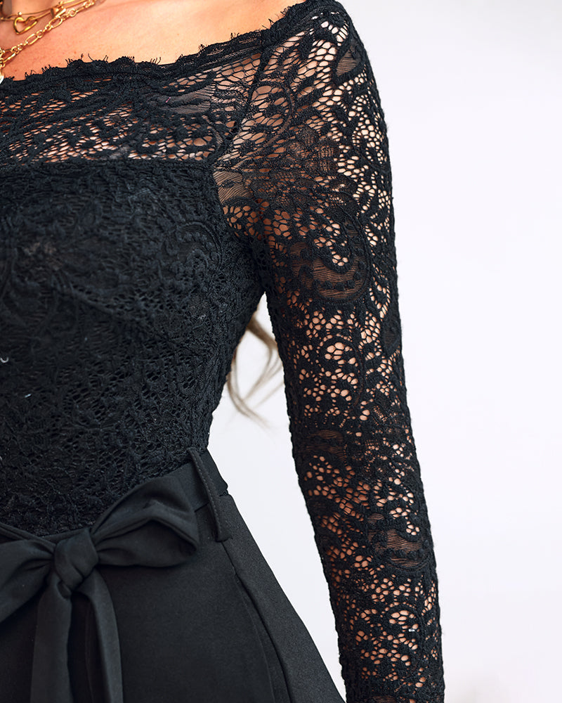 Off Shoulder Long Sleeve Eyelash Lace Spliced Slim Fit Overalls Casual Zipper Back Jumpsuit with Belt