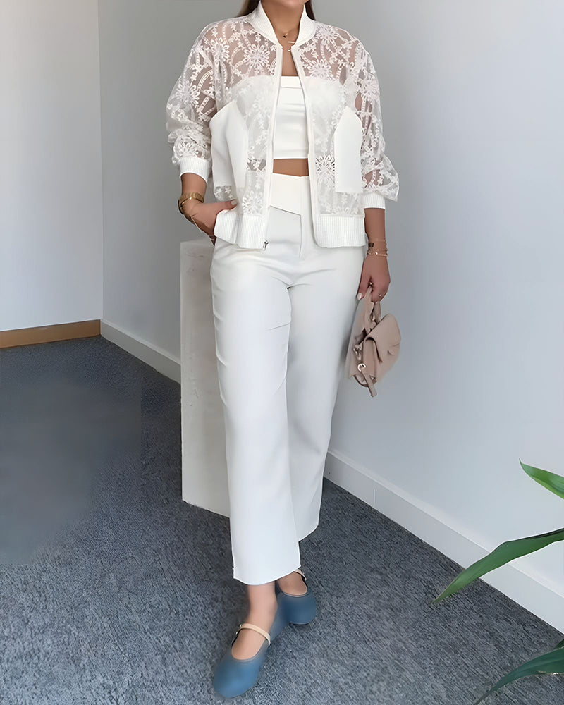 Floral Lace Embroidered Mesh Patchwork High-Low Hem Baseball Coat Casual Side Slit Zip Up Bomber Jacket