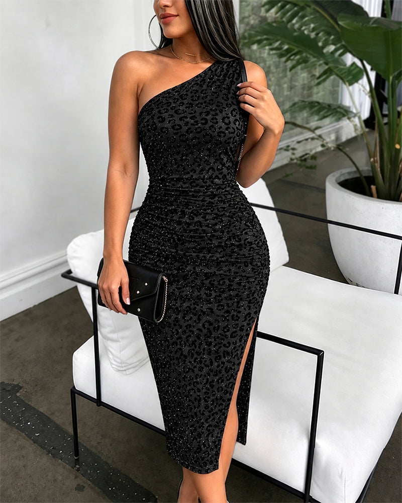 Women's One Shoulder Glitter Flocked Leopard Midi Dress Ruched Bodycon Dress Slit Party Dress