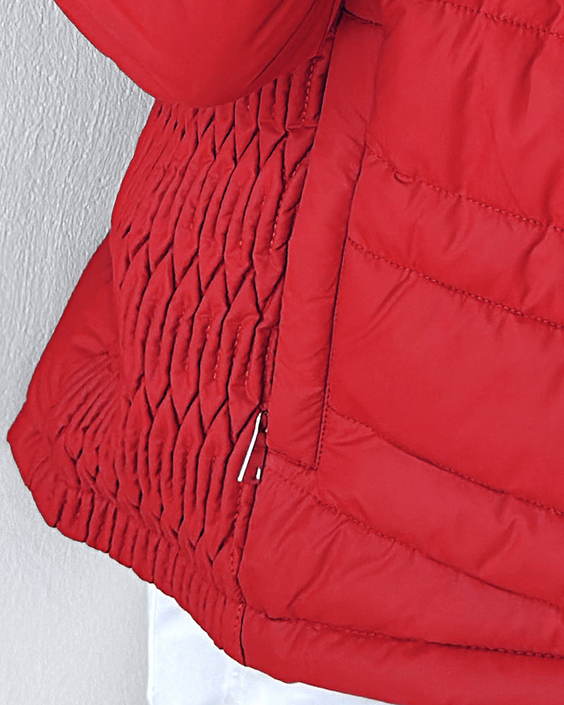 Zipper Pocket Design Shirred Fuzzy Trim Fleece Lined Hooded Puffer Jacket