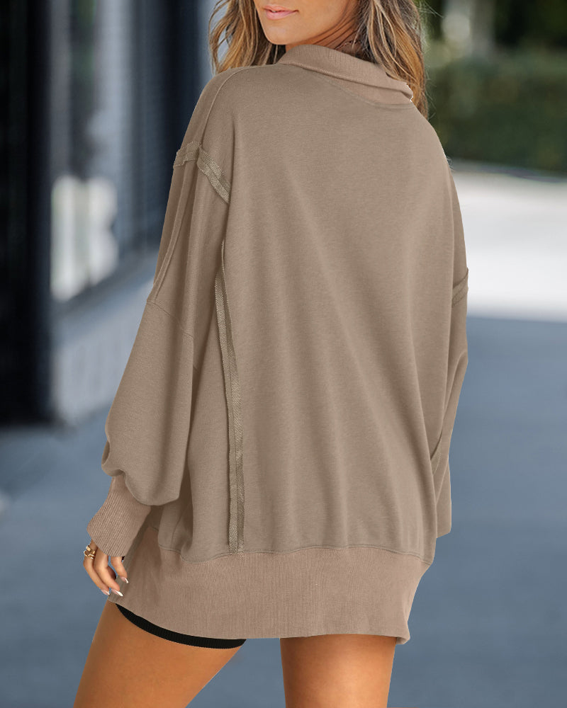 Half Snap Button Front Drop Shoulder Batwing Sleeve Sweatshirt Loose Fit Side Slit High-Low Hem Casual Top