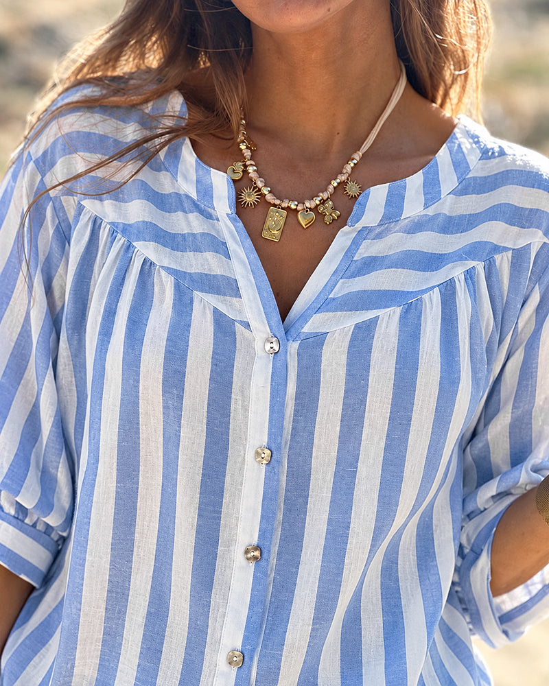 Women's Striped Notch Neck Loose Fit Three Quarters Sleeve Casual Button-Down Top