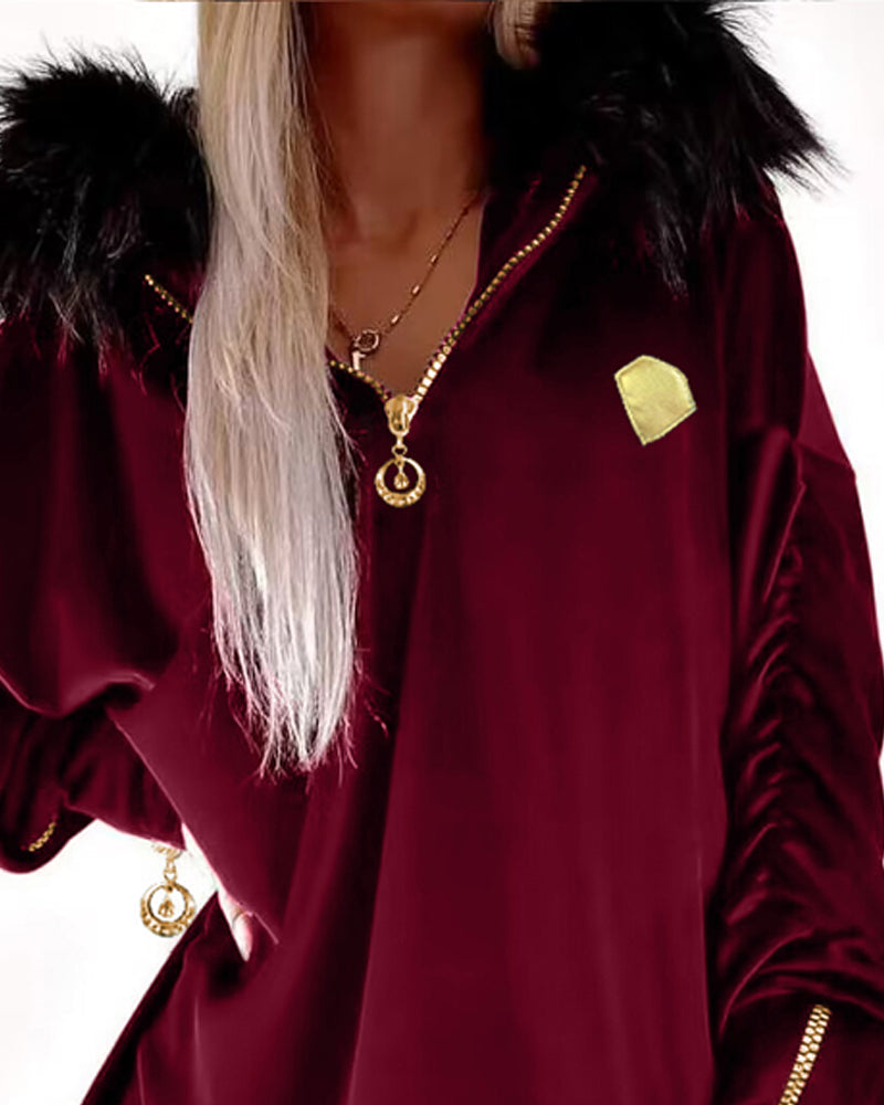 Velvet Fuzzy Trim Hooded Mini Dress Long Sleeve Zipper Design Sweatshirt Pullover Casual Dress