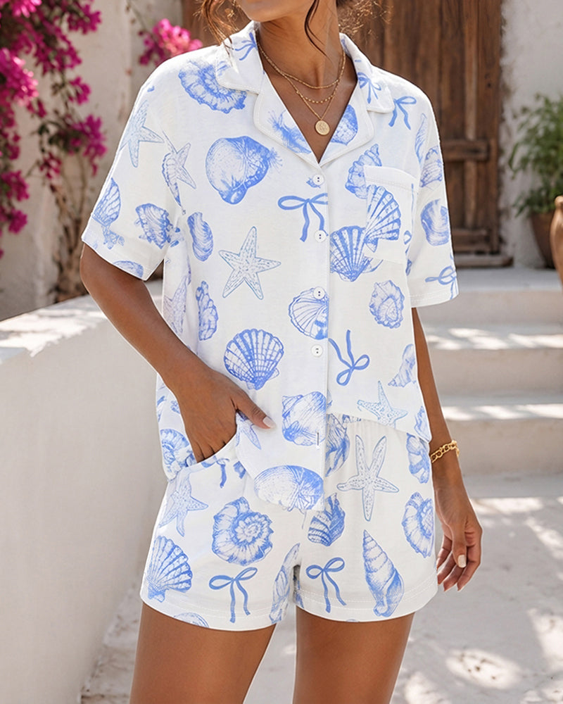 Damen-Pyjama-Set mit Knopfleiste, Muschel-, Seestern- und Schleifen-Print, kurzärmliges Oberteil und Shorts, legere Loungewear