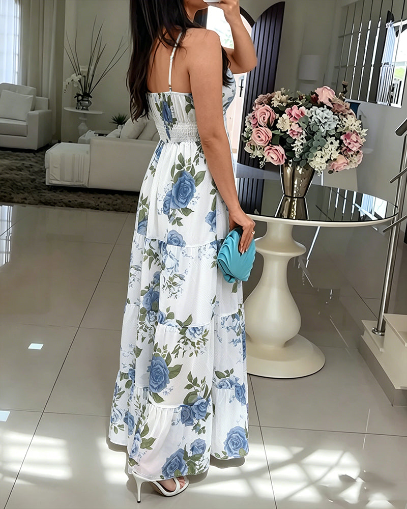 Damen-Maxikleid mit Blumenmuster, Rüschensaum, Camisole-Kleid, V-Ausschnitt, gerafft, Sommer-Urlaub, Boho-langes Kleid mit integriertem BH