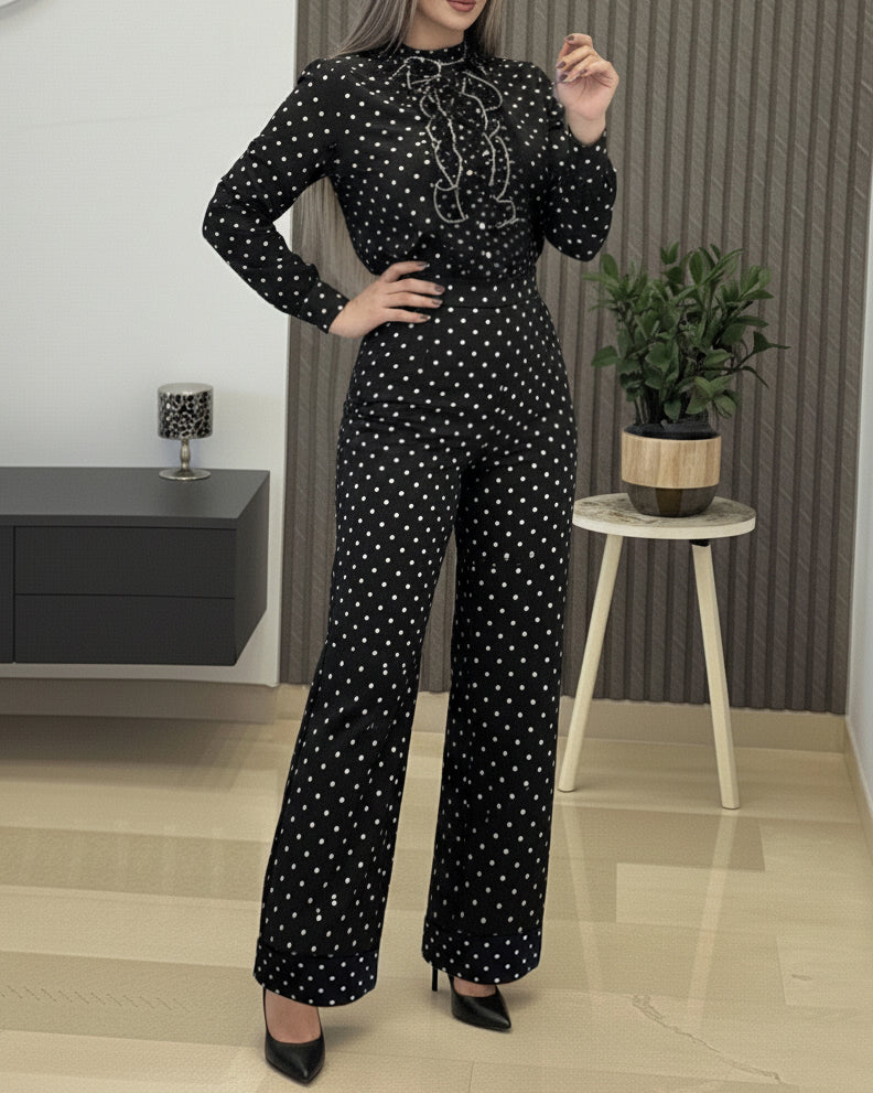 2 Pieces Outfit Stand Collar Button Front Ruffles Spliced Top and High Waist Straight Leg Pants Set Casual Polka Dot Print Commuting Set