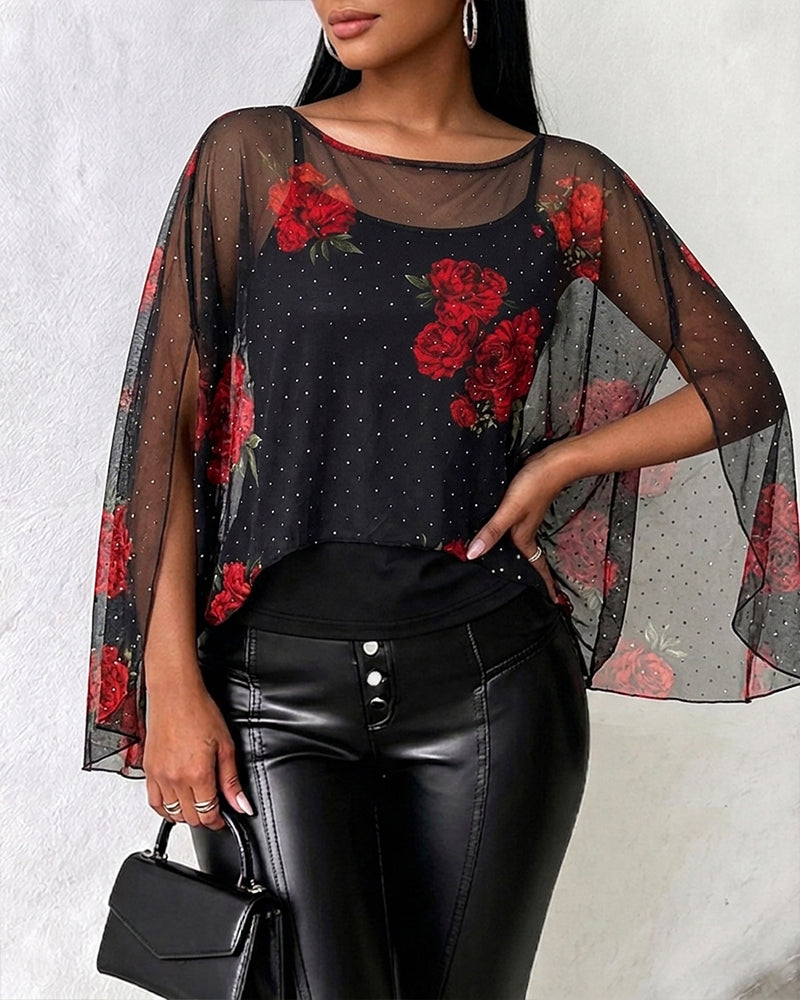 Women's 2 Piece Set Floral Print Rhinestone Sheer Mesh Loose Cape with Cami Top