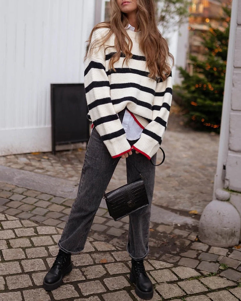 Women's Striped Crew Neck Loose Fit Chunky Knit Sweater Contrast Binding Top