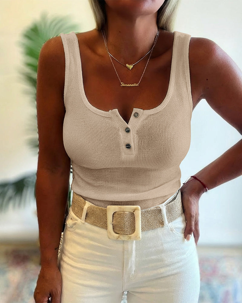U-Neck Sleeveless Half Button Front Tank Slim Fit Backless Knit Waffle Tank Top