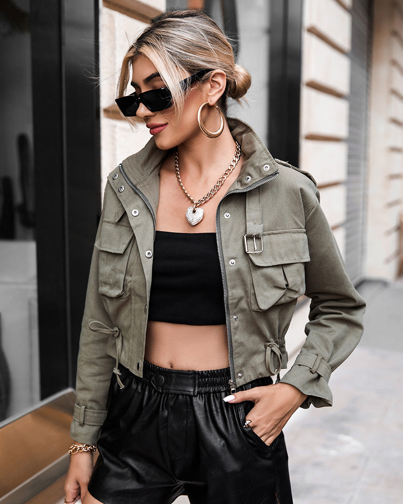 High Neck Zip Up Snap Button Front Flap Pockets Design Cargo Biker Jacket Casual Drawstring Crop Coat