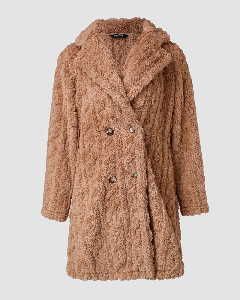 Cable Textured Lapel Neck Button Front Pocket Design Thermal Teddy Coat