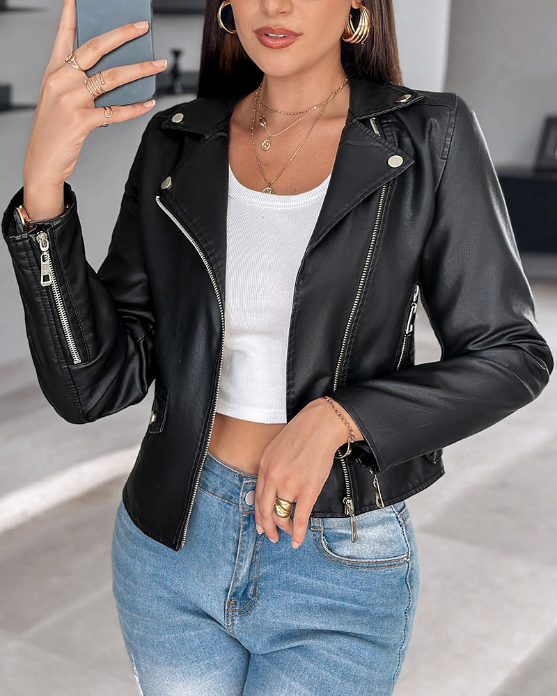 Bikerjacke aus PU-Leder mit Reverskragen und Reißverschluss-Design