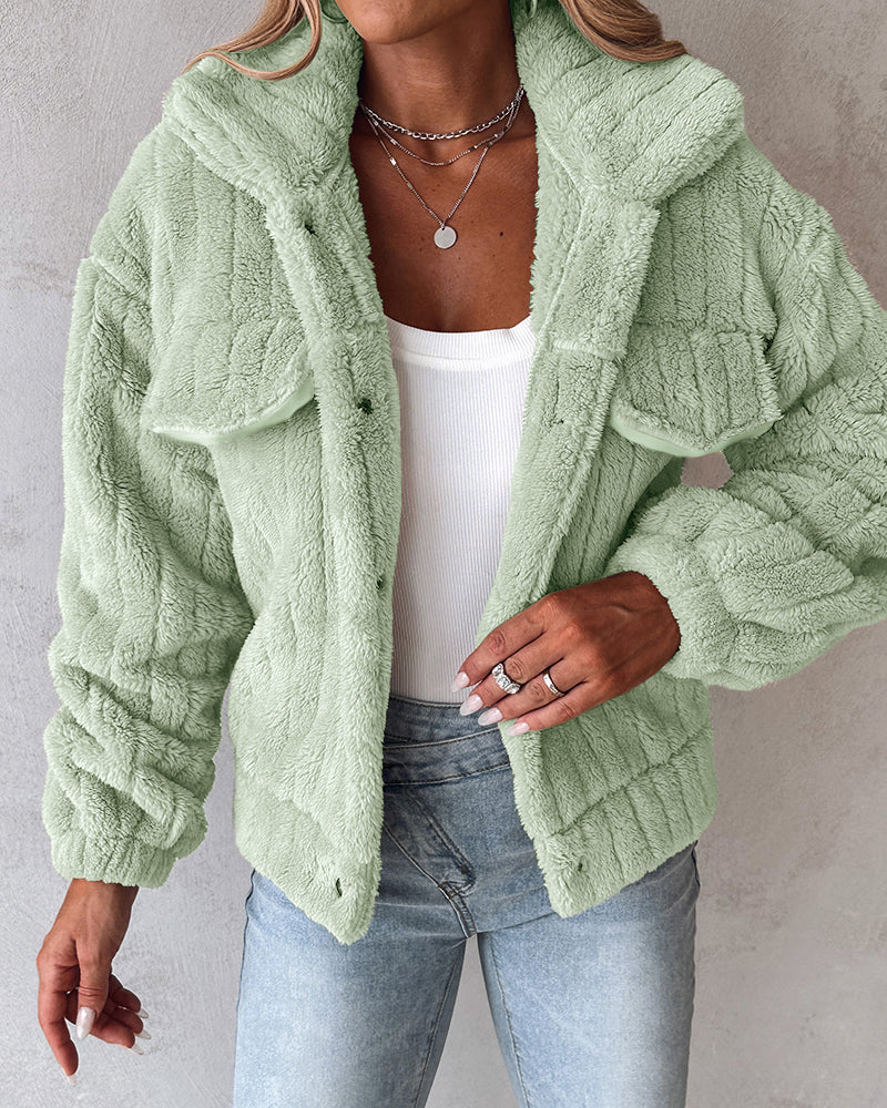Textured Striped Turn-down Collar Button Front Elastic Cuff and Hem Teddy Fleece Jacket With Decorative Flap Pockets