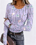 Women's Floral Print Slim Fit Crewneck Long Sleeve Top with Thumbholes