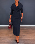 Women's Lapel Collar Wrap V-Neck Long Sleeve Slit Midi Dress with Belt