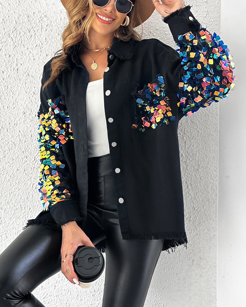 Contrast Sequin Long Sleeve Jacket Top Button Front Raw Hem Loose Fit Shacket