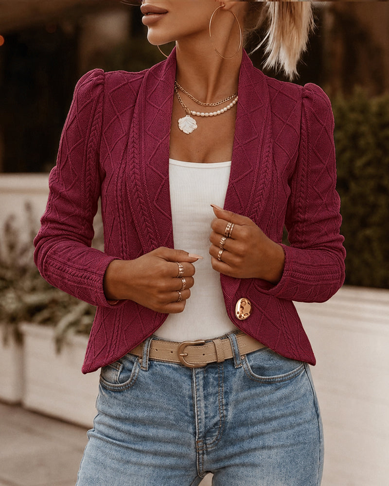 Damen-Kurzjacke mit Schalkragen, Argyle-Zopfmuster, strukturierter Slim-Fit-Blazer, elegante einreihige Business-Oberbekleidung