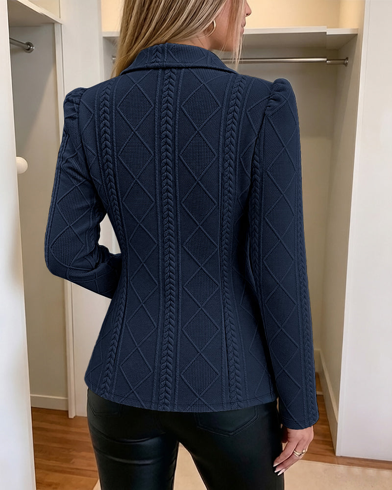 Women's Elegant Argyle Textured Blazer Slim Fit Puff Sleeve Suit Jacket Gold Button Work Office Commuter Blazer with Pockets
