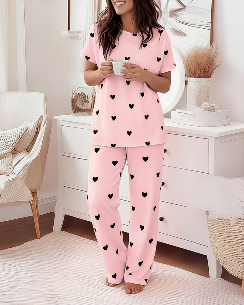 Valentine's Day 2 Pieces Outfit Round Neck Short Sleeve Top and Elastic Waist Pants Set Casual Heart Print Loose Fit Pajamas Set