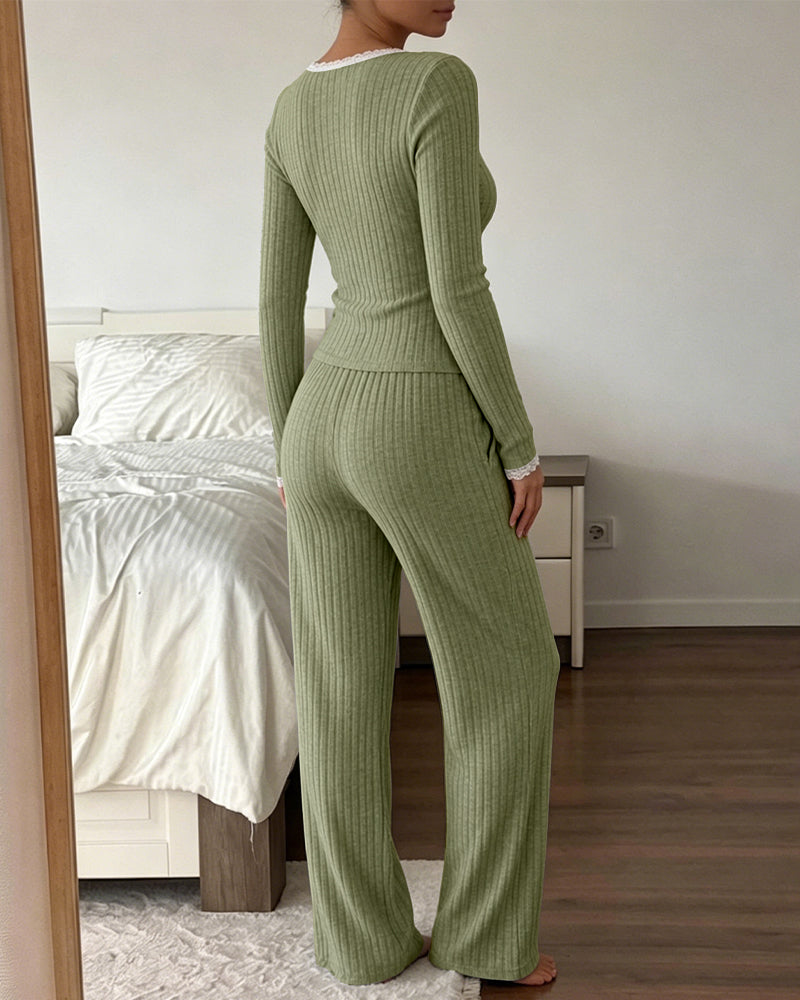 Damen 2-teiliges geripptes Lounge-Set, Langarm-Oberteil mit Spitzenbesatz und Hose mit hoher Taille, Schlafanzug-Set mit Taschen