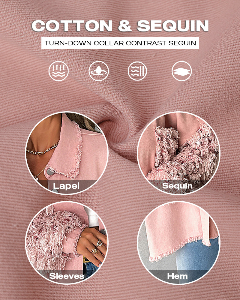 Jeansjacke mit Pailletten-Dekor, Umlegekragen, Knopfleiste, Taschen, lässigem Plüsch-Besatz und ausgefransten Kanten