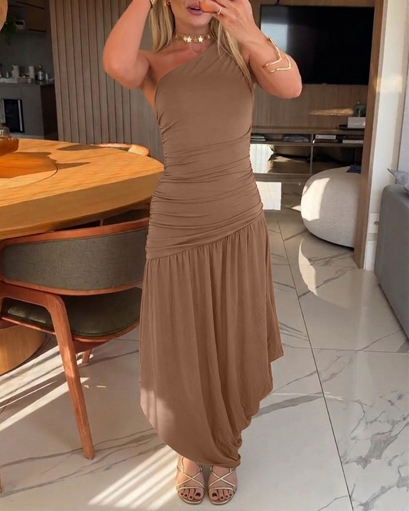 Women's One Shoulder Ruched Side Bodycon Dress Asymmetrical Hem Sleeveless Slim Fit Party Dress