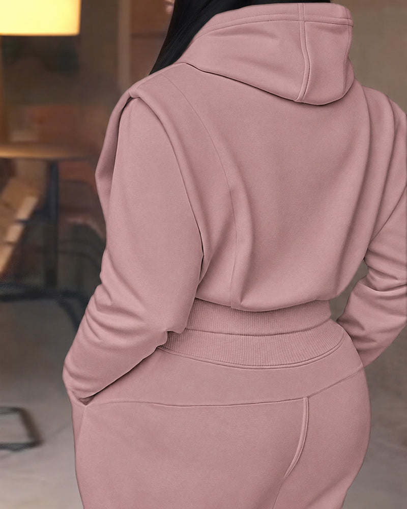 2 Pieces Outfit Long Sleeve Crop Drawstring Hoodie Sweatshirt with Thumb Hole Cuffs and Casual Drawstring Elastic Waist Wide Leg Sweatpants Set