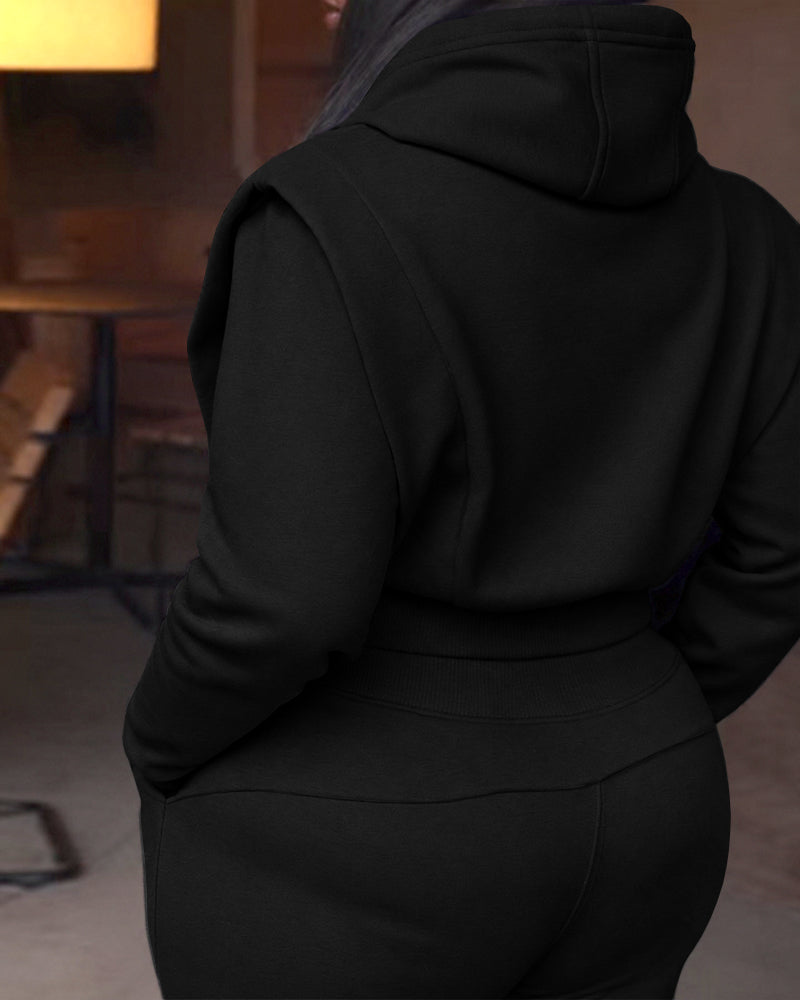 2 Pieces Outfit Long Sleeve Crop Drawstring Hoodie Sweatshirt with Thumb Hole Cuffs and Casual Drawstring Elastic Waist Wide Leg Sweatpants Set