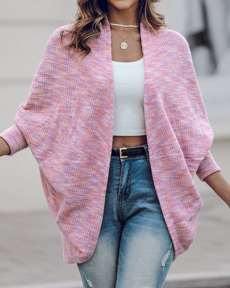 Colorful Waffle Knit Open Front Coat Batwing Long Sleeve Cardigan